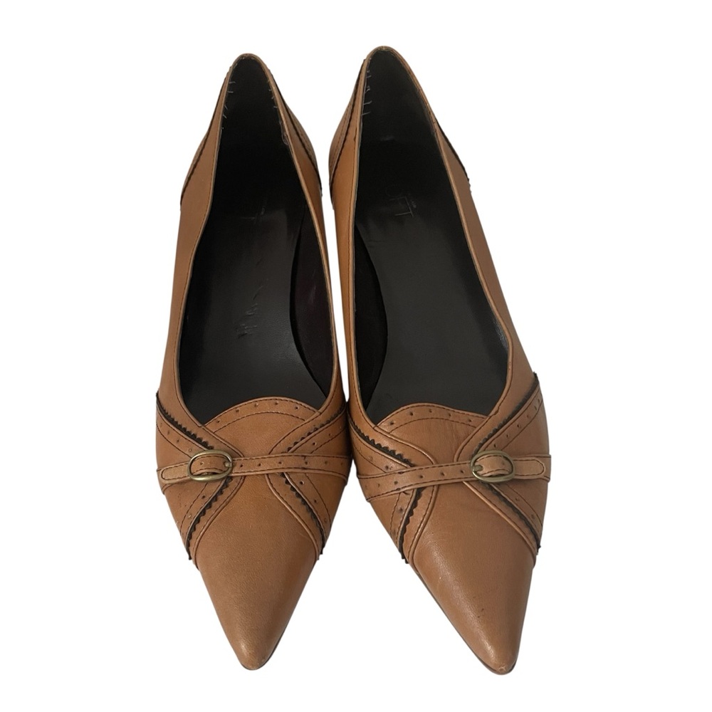 Brown Leather Pointed Toe Kitten Heels with Buckle Detail - Size 8.5